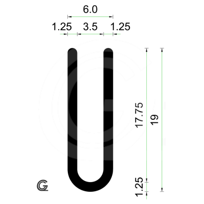 Rubber U Profiel | binnenmaat 3,5 mm | hoogte 19 mm | dikte 1,25 mm | rol 50 meter